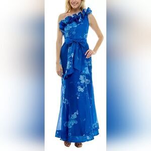 Taylor Floral Ruffled One-Shoulder Organza Gown NWT Size 14 Blue